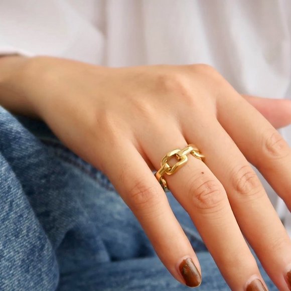 Gold Chain Ring Charm Ring Chain Link Ring Gold Pinky Ring Womens 14k Ring - Picture 2 of 3